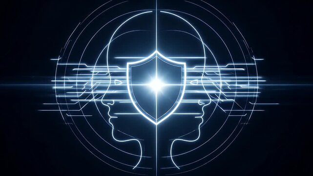Mirror-split face silhouettes flank a shared center shield; symmetrical scan arcs sweep inward, the shield radiates, and a calm guard remains