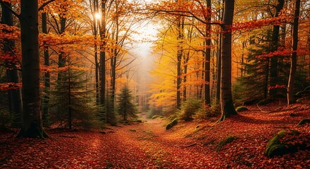 Fototapeta premium Autumn Forest Path Sunlight.