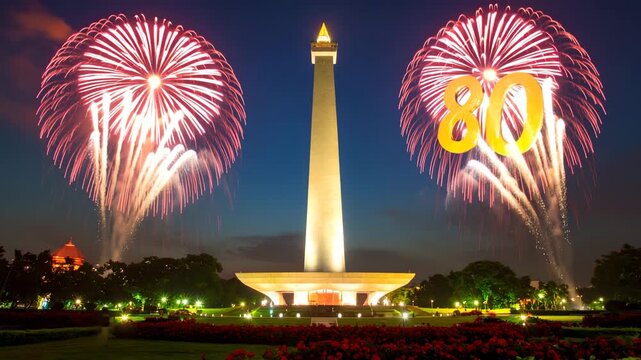 The iconic Monas (National Monument) in Jakarta, brightly lit at dusk, with spectacular red and white fireworks bursting around it