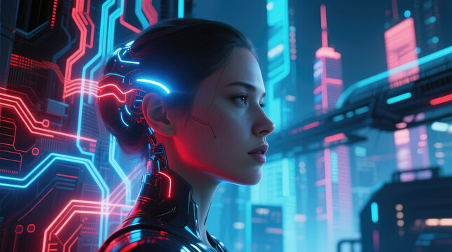 Profile of a beautiful woman with glowing cybernetic enhancements looking out over a futuristic, neon-lit cityscape at night