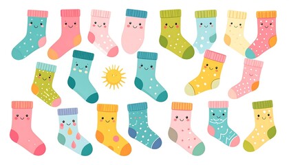 Collection of twenty colorful cartoon socks with happy faces, isolated on white