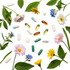 Nature's remedies vivid arrangement of supplements and fresh flowers beautifully composed transparent background