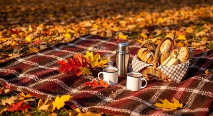 Autumn Picnic - Cozy Blanket, Hot Drinks, and Fall Leaves.