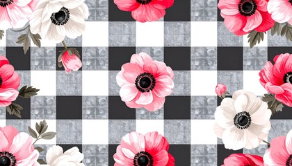 Obraz premium A charming floral pattern features vibrant pink and white anemones, gracefully arranged against a classic black and white gingham background.