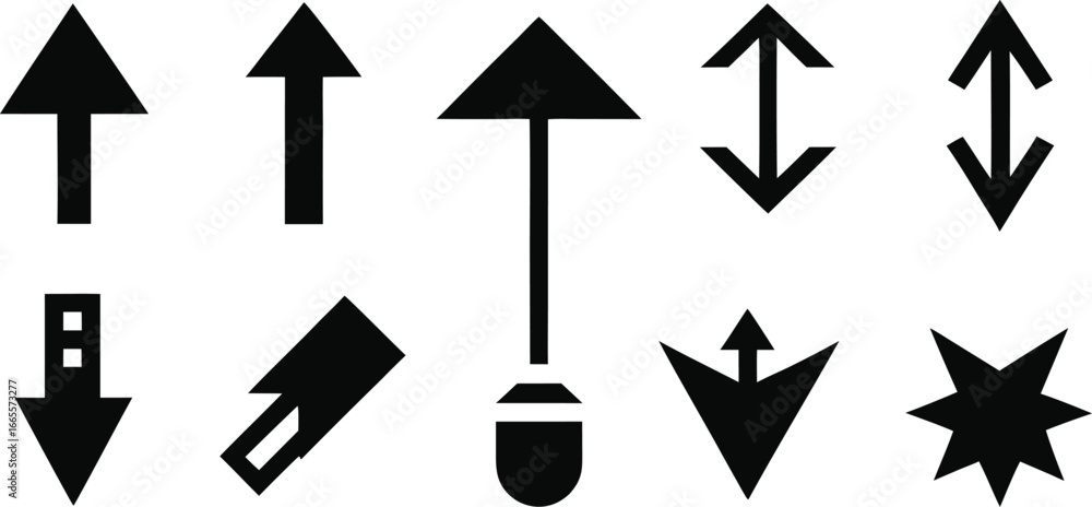 Poster collection of black arrow icons and cursor shapes on a white background vector