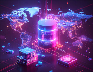 Futuristic concept of a global data network with a central database server on a glowing world map, representing cloud computing and big data technology.