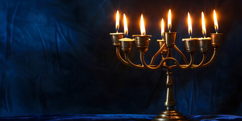 Seven lit candles glow on a brass menorah against a dark blue textured background, evoking warmth and tradition.