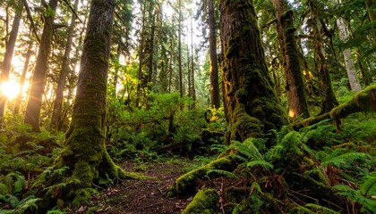 Fototapeta premium Lush forest floor bathed in golden sunlight, showcasing moss-covered trees and vibrant ferns.