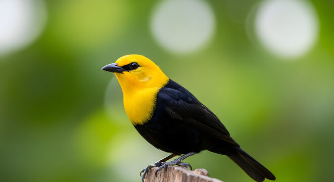 A vibrant yellow-headed blackbird perched on a rustic wooden branch against a soft, verdant bokeh background offering a serene and close-up encounter with this avian beauty observing its surrounding