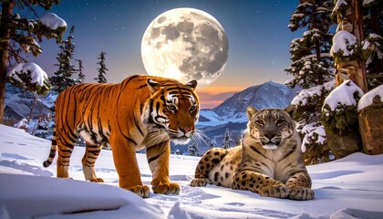 Obraz premium A tiger and snow leopard under a bright full moon in a snowy mountain landscape at night