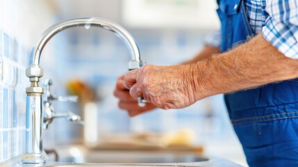 Plumber or Handyman Fixing Kitchen Faucet. Home Repair & Maintenance Service.