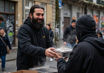 A kind bearded volunteer giving a warm container of food to a person in need on the street, an act of community charity and support.