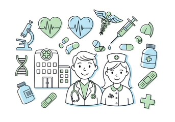A stylized illustration depicts medical professionals, a hospital, and various healthcare symbols like a stethoscope and dna strand