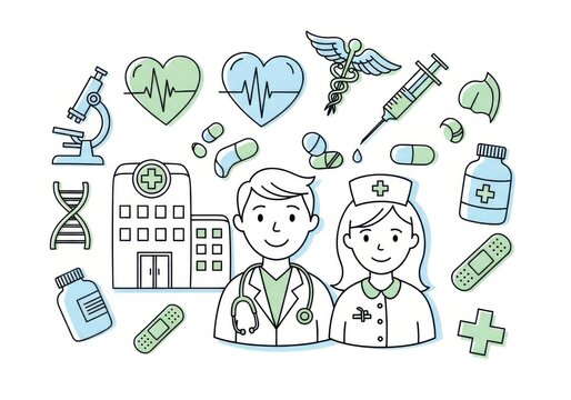 A stylized illustration depicts medical professionals, a hospital, and various healthcare symbols like a stethoscope and dna strand - Powered by Adobe