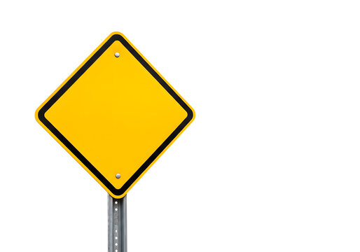 Yellow diamond warning sign on a metal pole isolated on transparent background, indicating potential hazards alerting drivers to proceed with caution
