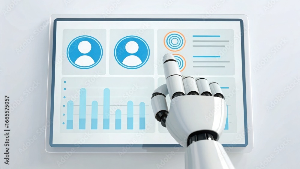 Poster robotic finger interacting with transparent touchscreen display chart
