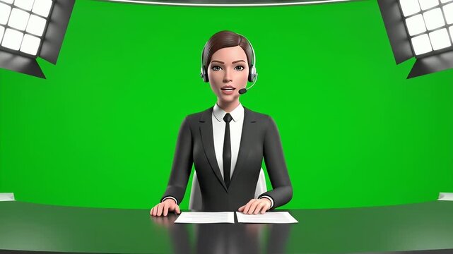 A female avatar news anchor reporting from a green screen studio, speaking into a headset.