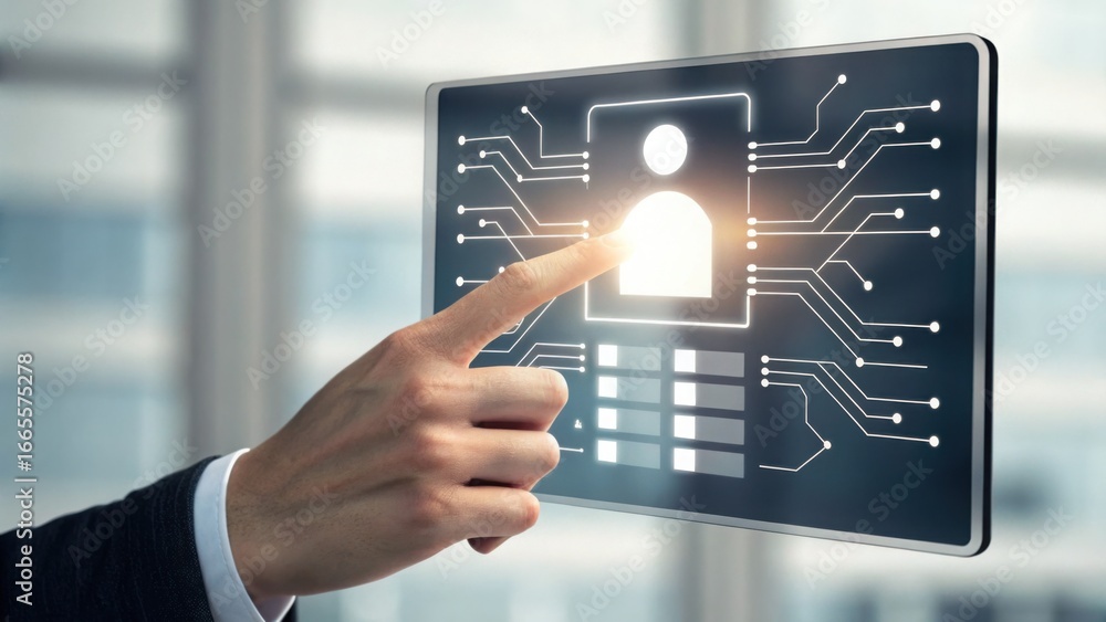 Poster hand hovering over data circuit on touchscreen interface in office