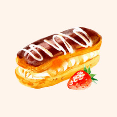 illustration watercolor style painting of desserts eclair chocolate cream cake whole vector