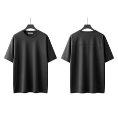 Two plain dark gray t-shirts displayed front and back on hangers transparent background