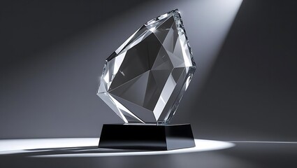 Modern crystal award trophy with sharp geometric edges displayed on black pedestal with spotlight.