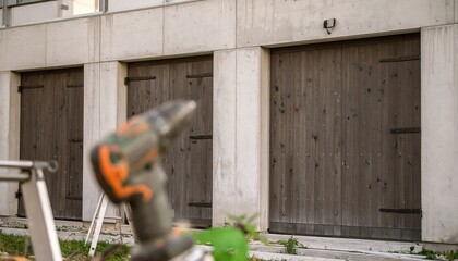 Modern concrete building facade with dark-toned wooden garage doors under construction.