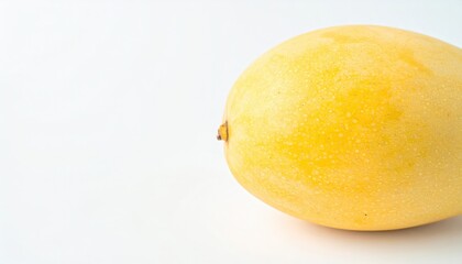 A close-up of a ripe, yellow fruit on a plain white background, emphasizing its texture and color