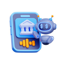 3D icon of a robo-advisor on a smartphone with a bank and voice command For AI voice banking, conversational AI in finance, virtual banking assistant, voice-activated transactions.