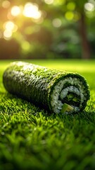 Fresh sushi roll on vibrant green grass with sunlit bokeh background
