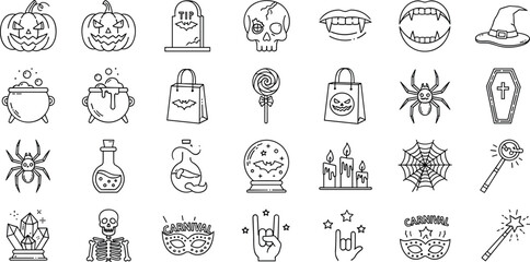 Black and white line icons of Halloween symbols including pumpkins, skulls, ghosts, witches, spiders, potions, and spooky decorations