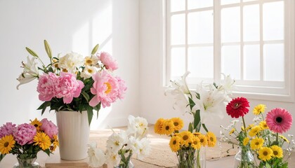 Fototapeta premium Colorful flower bouquets in vases on a table near a sunlit window