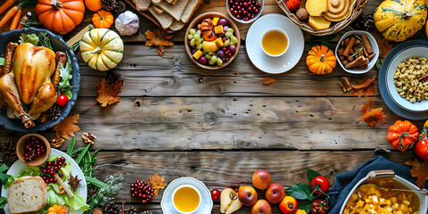 Abundant harvest feast spread across a rustic wooden table, celebrating autumn bounty.