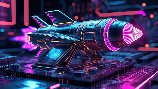 Futuristic glowing rocket standing on electronic motherboard, high-tech cyber aesthetic with neon lights