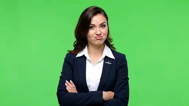 Business Woman in Professional Outfit with Cute Pouting Expression on Green Screen Background for Chroma Key Editing