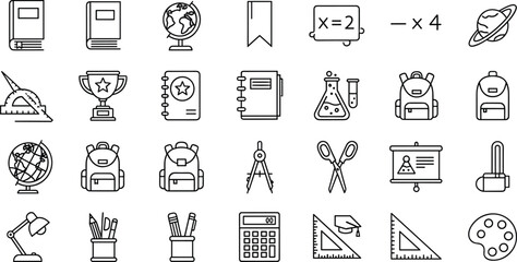 Black and white line icons of school and education items including books, globes, backpacks, stationery, art supplies, and academic symbols