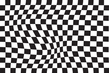 black and white wavy checkerboard background. Retro psychedelic checkered wallpaper. Wavy groovy chessboard surface. Distorted geometric pattern. Trendy modern. eps 10