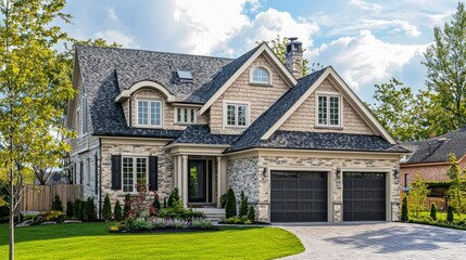 A two-story house with a shingled roof, beige siding, and black shutters, surrounded by greenery and a driveway.