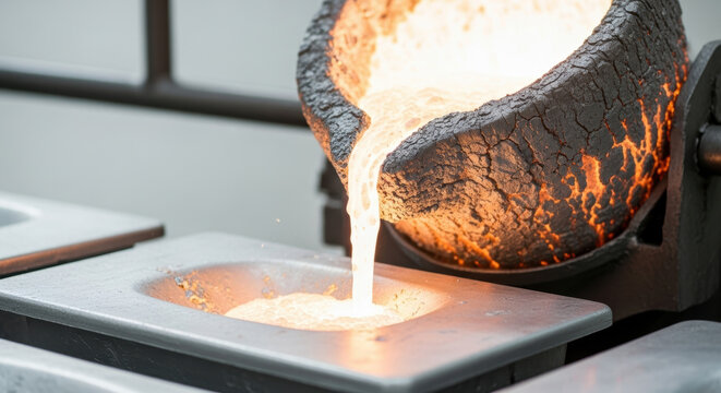 Molten metal poured from crucible into mold at industrial foundry in manufacturing process for casting production, intense heat and glowing liquid steel displays heavy industry work