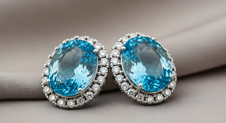 Close up of two oval aquamarine earrings with diamond halo on a neutral colored surface