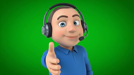 Cartoon customer service representative with headphones, offering a handshake gesture against a vibrant green background.