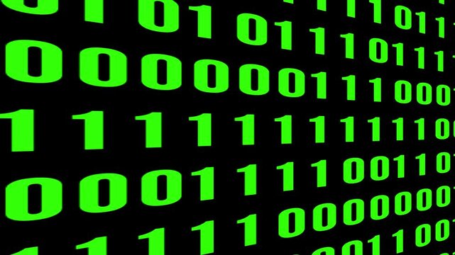 Binary code digital abstract background featuring streams of white ones and zeros on a black screen, representing data, programming, encryption, coding, machine language, algorithms.