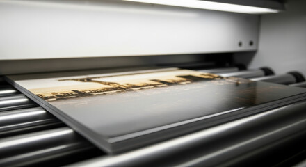 Modern industrial large format printer producing high quality cityscape image on rigid material at professional printing facility, showcasing precision in commercial print technology