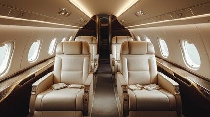 Fototapeta premium A luxurious private jet cabin with white leather seats and wooden accents.
