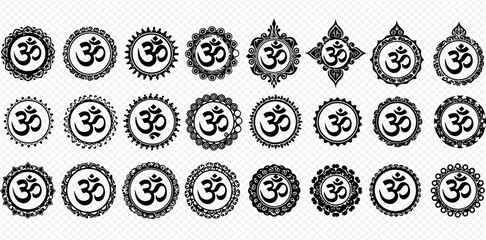 A collection of various Om symbols, each intricately framed with decorative borders, set against a transparent background.