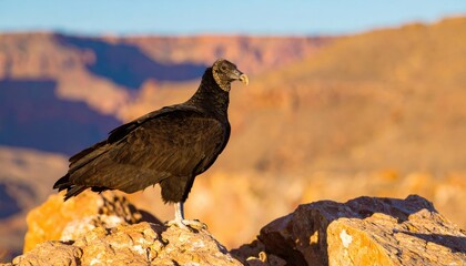 A dark bird with a light beak perches on sunlit rocks overlooking a vast canyon at sunset