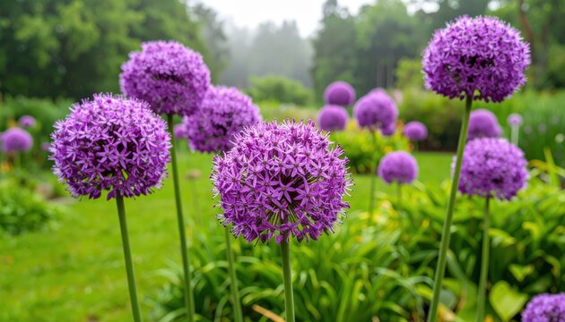 Vibrant purple allium flowers bloom in a lush green garden setting, creating a serene scene - Powered by Adobe
