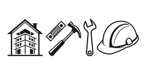 Construction icons set on white background, stock vector