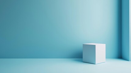 A white cube on a blue floor with a blue wall in the background.