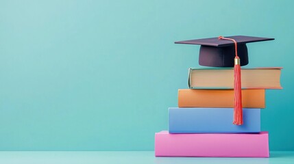 A graduation cap and books on a blue background.