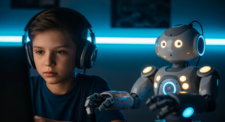 Futuristic Bond: A young boy with headphones deeply focused, sharing a moment of connection with a futuristic robot in a scene filled with cutting-edge technology and human-machine interaction.